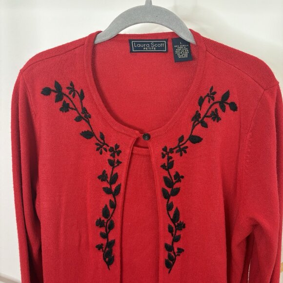 VTG Laura Scott Red Embroidered Cardigan & Tank One Piece Sweater Sz L Petite - Picture 3 of 8